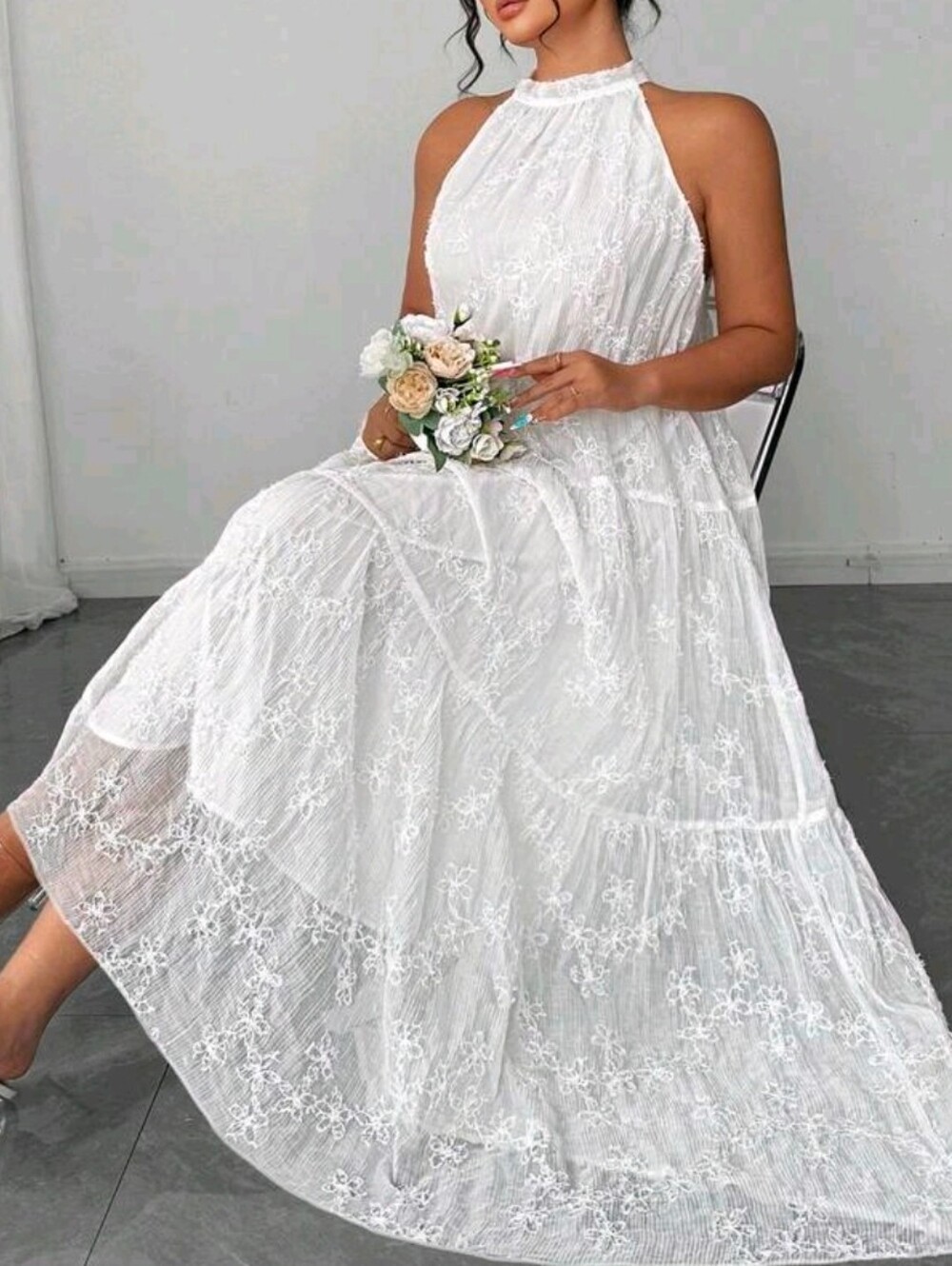 New Boho Lace Tie Neck Halter Tiered Loose Maxi Dress PLUS Sleeveless White - Picture 4 of 9